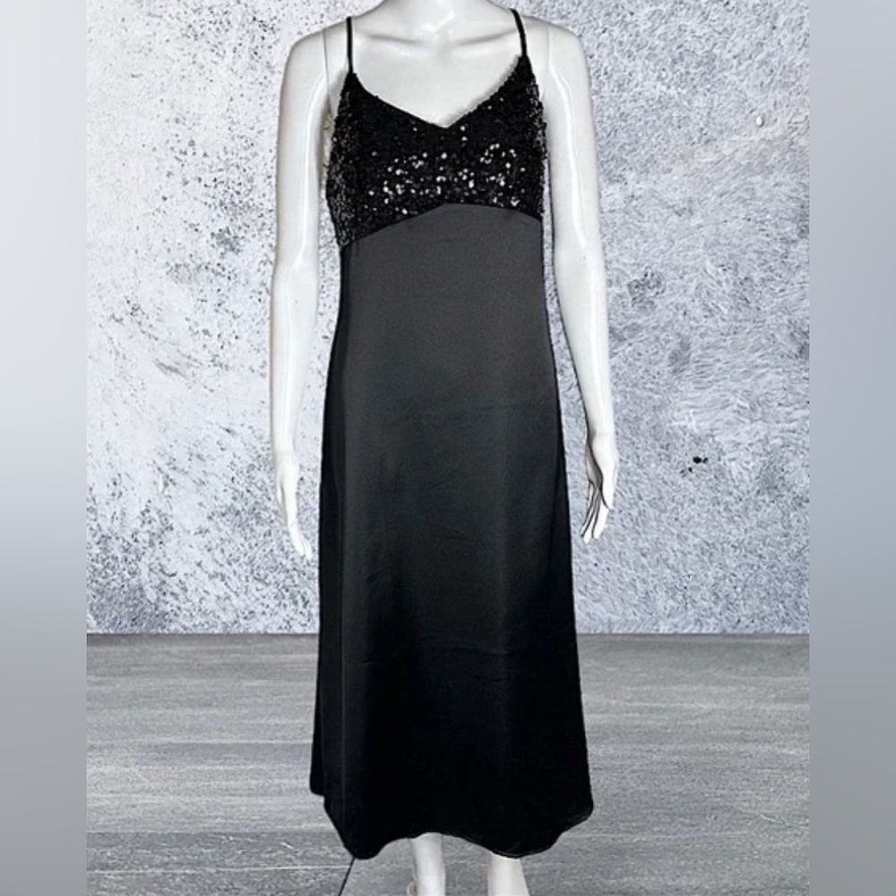 NEW House of Harlow 1960 Womens Black Sequin Satin‎ Midi Slip Dress Small V-Neck